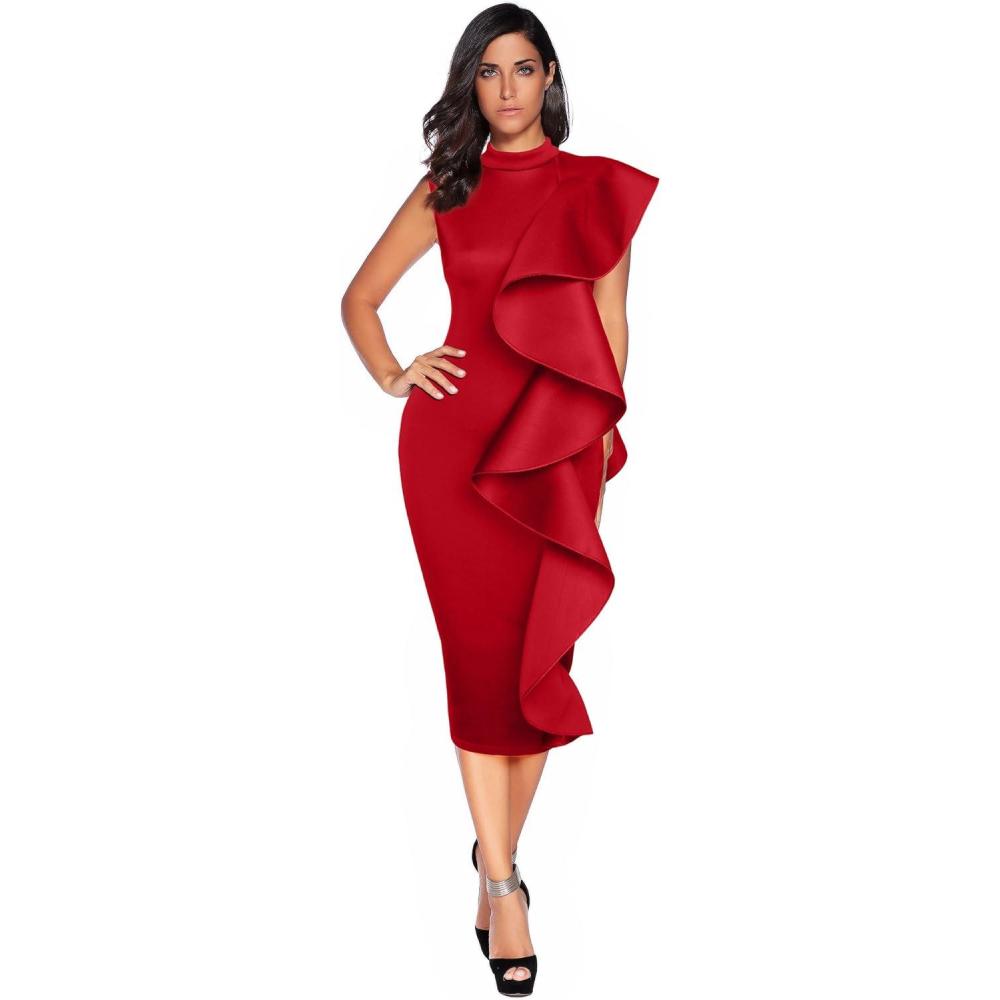 imageHigh Neck Dress with Ruffle for Formal Event Midi Celebration Party Dress for WomenRed
