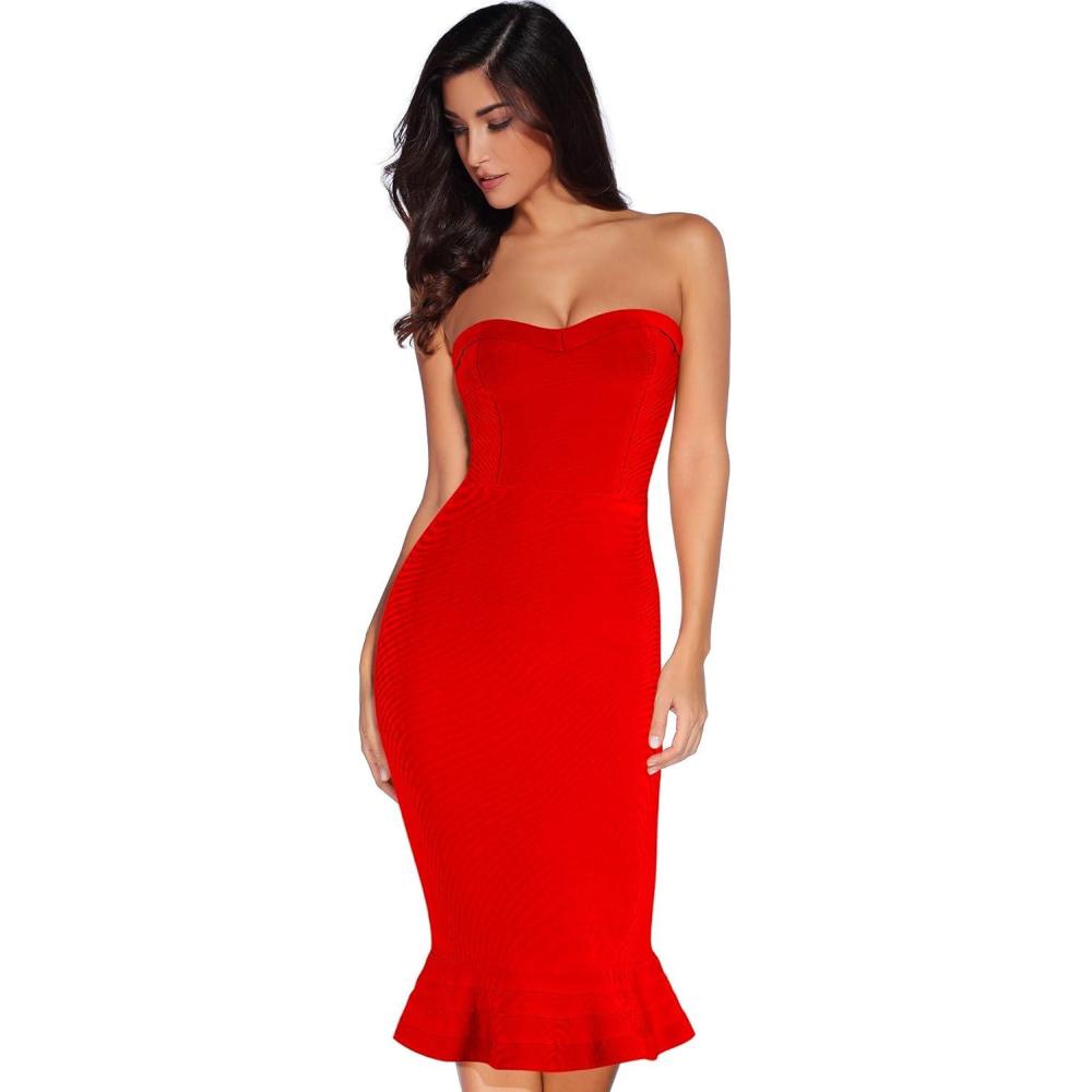 imageWomens Midi Cocktail Dresses Strapless Bandage Bodycon Dress Wedding Party DressRed Hem2