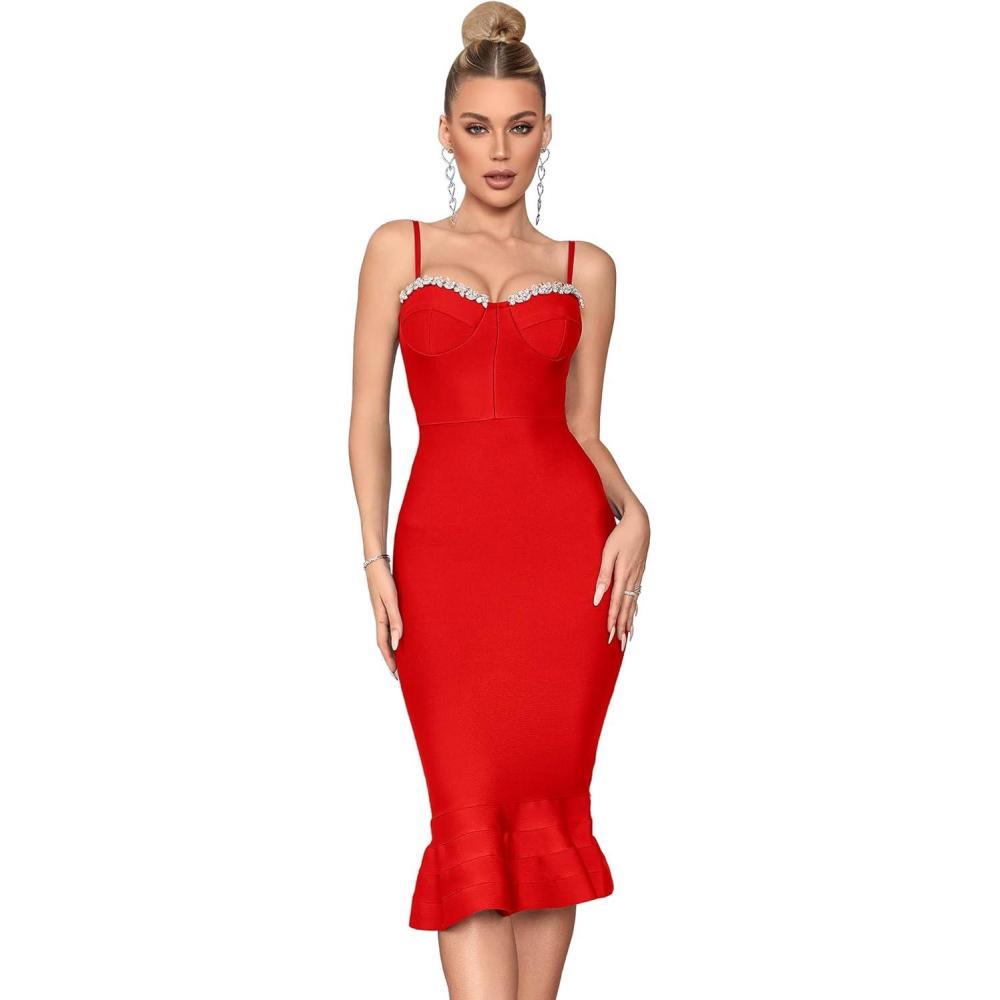 imagemeilun Spaghetti Strap Bodycon Dress for Wedding Guest Bandage Cocktail Party Birthday Graduation Dress with RhinestonesRed