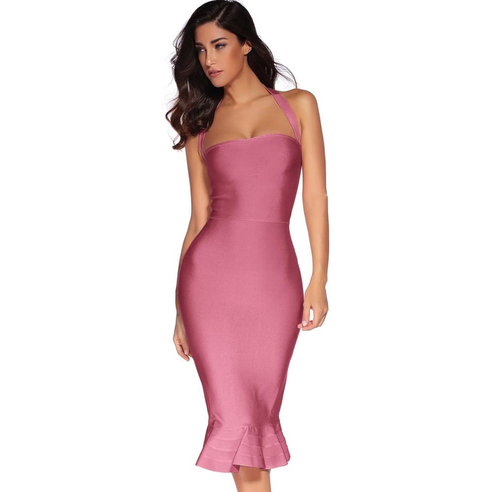 imagemeilun Womens Halter Fishtail Bandage Party Dress Elegant Wedding Guest DressAntiquepink