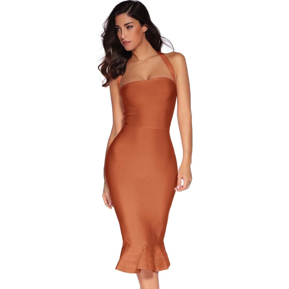 imagemeilun Womens Halter Fishtail Bandage Party Dress Elegant Wedding Guest DressSunset Orange