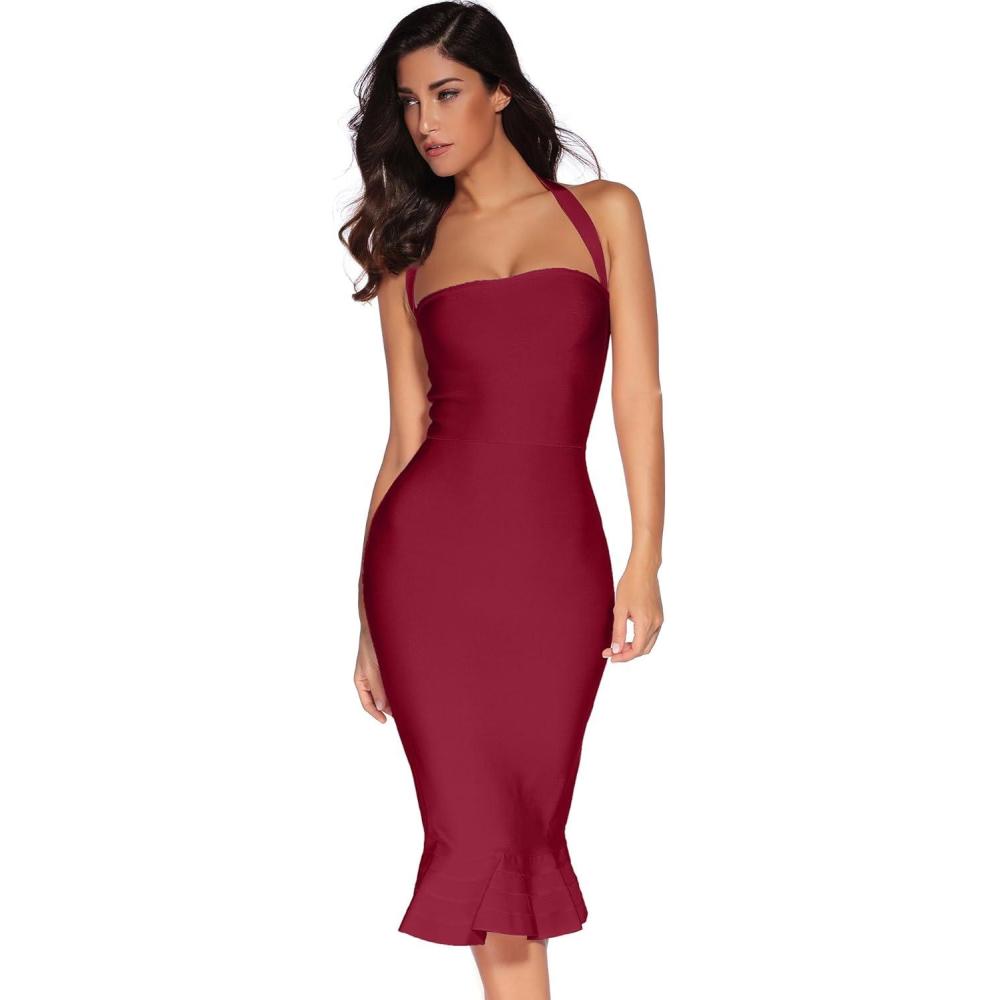 imagemeilun Womens Halter Fishtail Bandage Party Dress Elegant Wedding Guest DressWine2