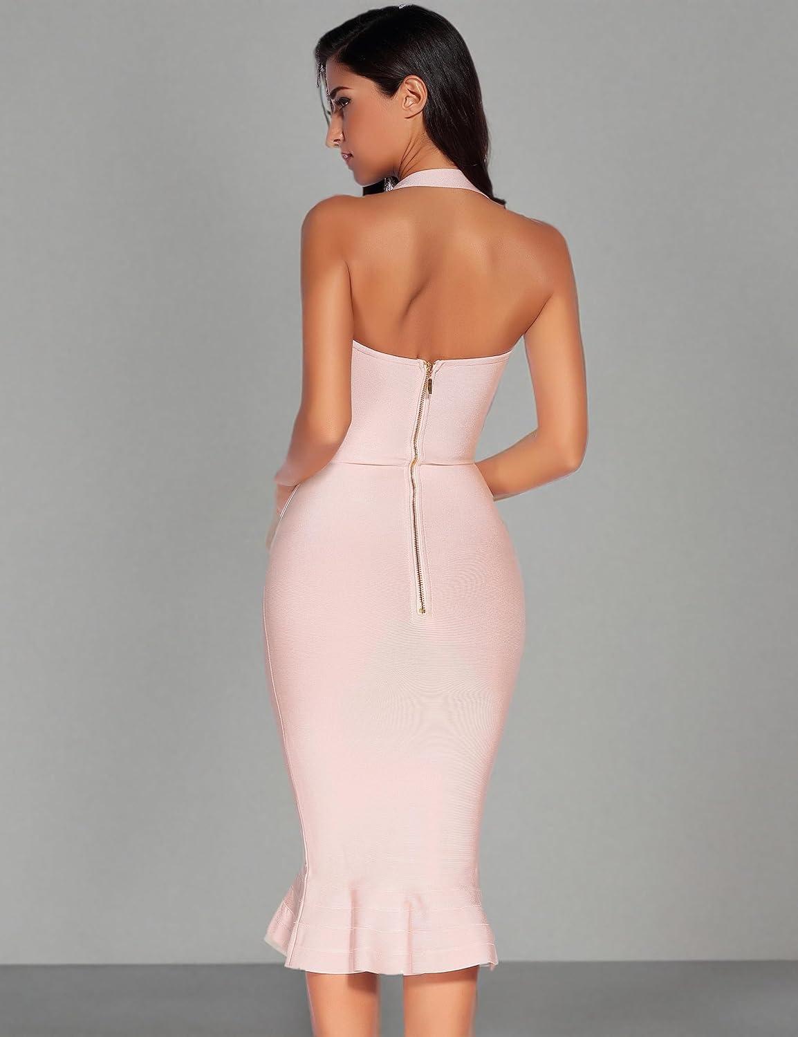 imagemeilun Womens Halter Fishtail Bandage Party Dress Elegant Wedding Guest DressLightpink