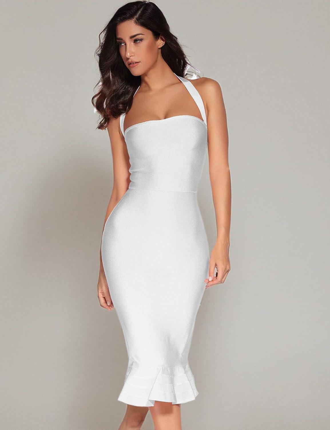 imagemeilun Womens Halter Fishtail Bandage Party Dress Elegant Wedding Guest DressWhite