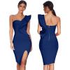 One Shoulder Ruffle Dress Side Split Bodycon Bandage Dress Wedding Guest Dress(A-navy)