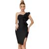 One Shoulder Ruffle Dress Side Split Bodycon Bandage Dress Wedding Guest Dress(Black)
