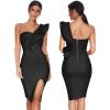 One Shoulder Ruffle Dress Side Split Bodycon Bandage Dress Wedding Guest Dress(Black)