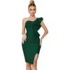 One Shoulder Ruffle Dress Side Split Bodycon Bandage Dress Wedding Guest Dress(Green)