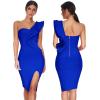 One Shoulder Ruffle Dress Side Split Bodycon Bandage Dress Wedding Guest Dress(Navy Blue)