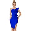 One Shoulder Ruffle Dress Side Split Bodycon Bandage Dress Wedding Guest Dress(Navy Blue)