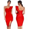 One Shoulder Ruffle Dress Side Split Bodycon Bandage Dress Wedding Guest Dress(Red)