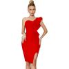 One Shoulder Ruffle Dress Side Split Bodycon Bandage Dress Wedding Guest Dress(Red)