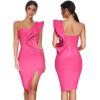 One Shoulder Ruffle Dress Side Split Bodycon Bandage Dress Wedding Guest Dress(Rose)