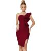 One Shoulder Ruffle Dress Side Split Bodycon Bandage Dress Wedding Guest Dress(Wine)