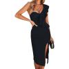 One Shoulder Ruffle Dress Side Split Bodycon Bandage Dress Wedding Guest Dress(Black)