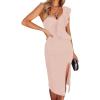 One Shoulder Ruffle Dress Side Split Bodycon Bandage Dress Wedding Guest Dress(Light Pink)