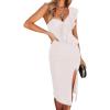 One Shoulder Ruffle Dress Side Split Bodycon Bandage Dress Wedding Guest Dress(White)