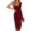 One Shoulder Ruffle Dress Side Split Bodycon Bandage Dress Wedding Guest Dress(Wine)