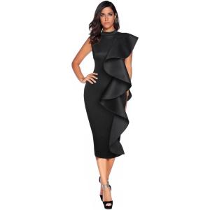 High Neck Dress with Ruffle for Formal Event Midi Celebration Party Dress for Women(Black)