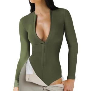 Women Long Sleeve Bodysuit Top Bodycon Knit Jumpsuit Versatile Zipper Tops(Green,L)