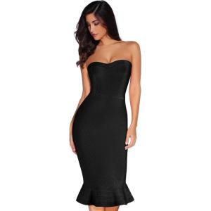 Women’s Midi Cocktail Dresses Strapless Bandage Bodycon Dress Wedding Party Dress(Black Hem_2)