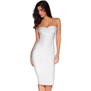 Women’s Midi Cocktail Dresses Strapless Bandage Bodycon Dress Wedding Party Dress(White)