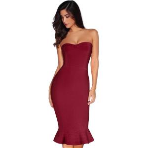 Women’s Midi Cocktail Dresses Strapless Bandage Bodycon Dress Wedding Party Dress(Wine Hem_2)