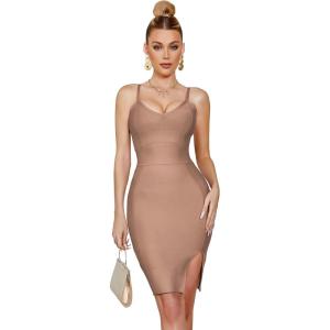 meilun Sexy V-Neck Side Slit Dress for Women Bodycon Dress Cocktail Party Club Dress Y2K Homecoming Dress(Dark Beige)