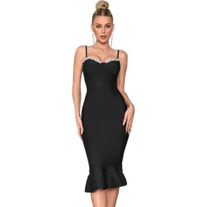 meilun Spaghetti Strap Bodycon Dress for Wedding Guest Bandage Cocktail Party Birthday Graduation Dress with Rhinestones(Black)