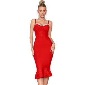 meilun Spaghetti Strap Bodycon Dress for Wedding Guest Bandage Cocktail Party Birthday Graduation Dress with Rhinestones(Red)