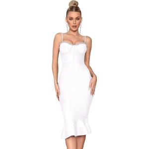 meilun Spaghetti Strap Bodycon Dress for Wedding Guest Bandage Cocktail Party Birthday Graduation Dress with Rhinestones(White)