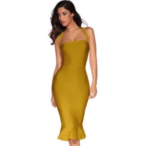 meilun Womens Halter Fishtail Bandage Party Dress Elegant Wedding Guest Dress(Ginger Yellow)
