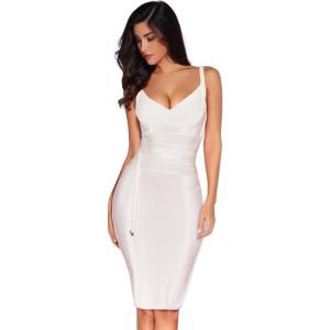 meilun Womens Rayon Belt Detail Bandage Bodycon Party Dress(White)