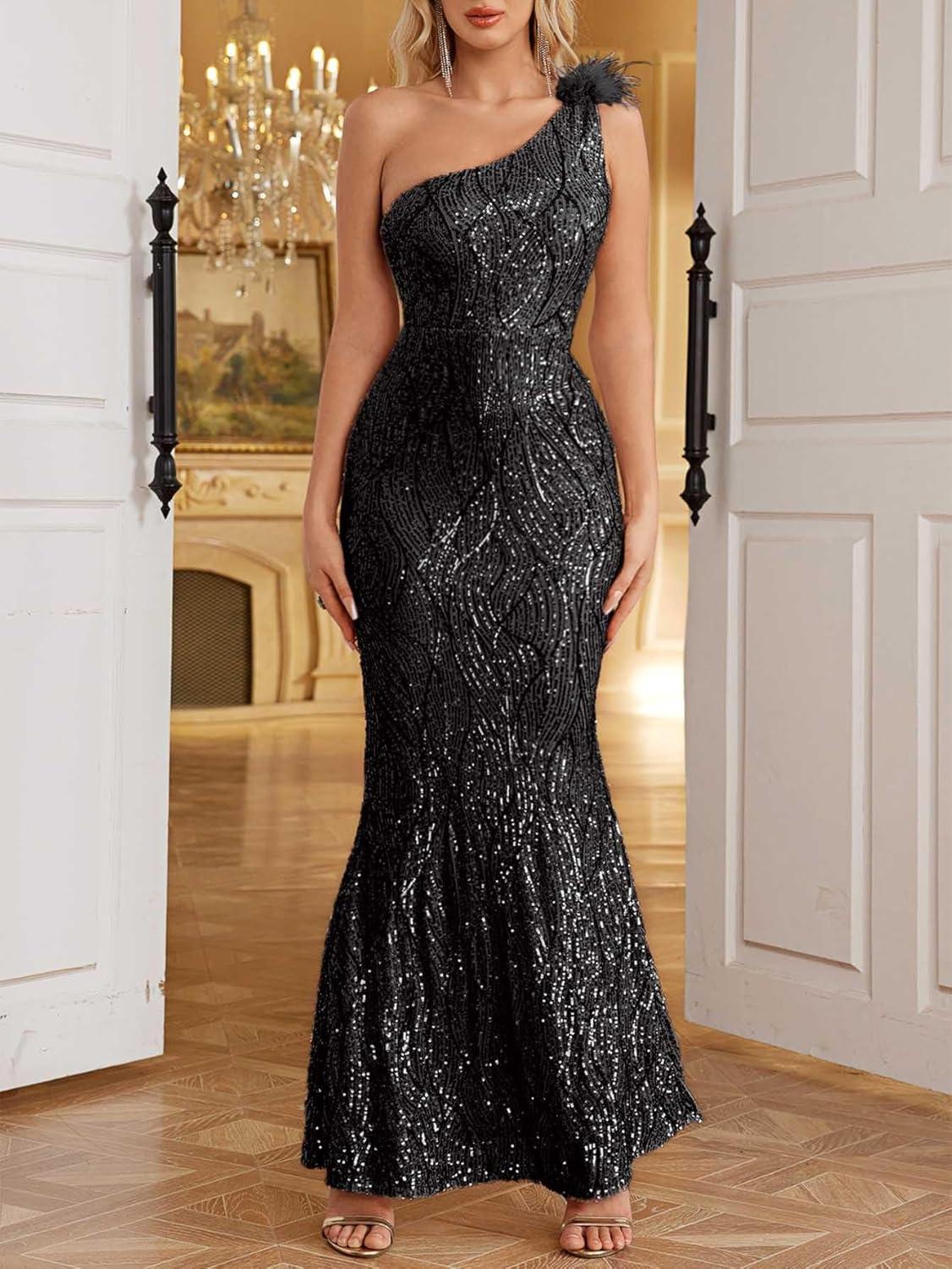 imageOne Shoulder Formal Evening Gowns Sequin Mermaid Maxi Dress for Wedding GuestCblack