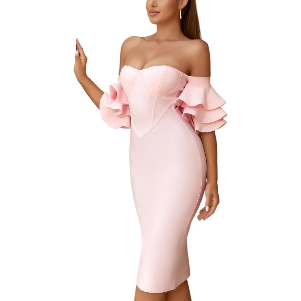 imageBandage Dress Elegant Sexy Party Annual Gathering Evening Drop Shoulder Bridesmaid DressesBpink