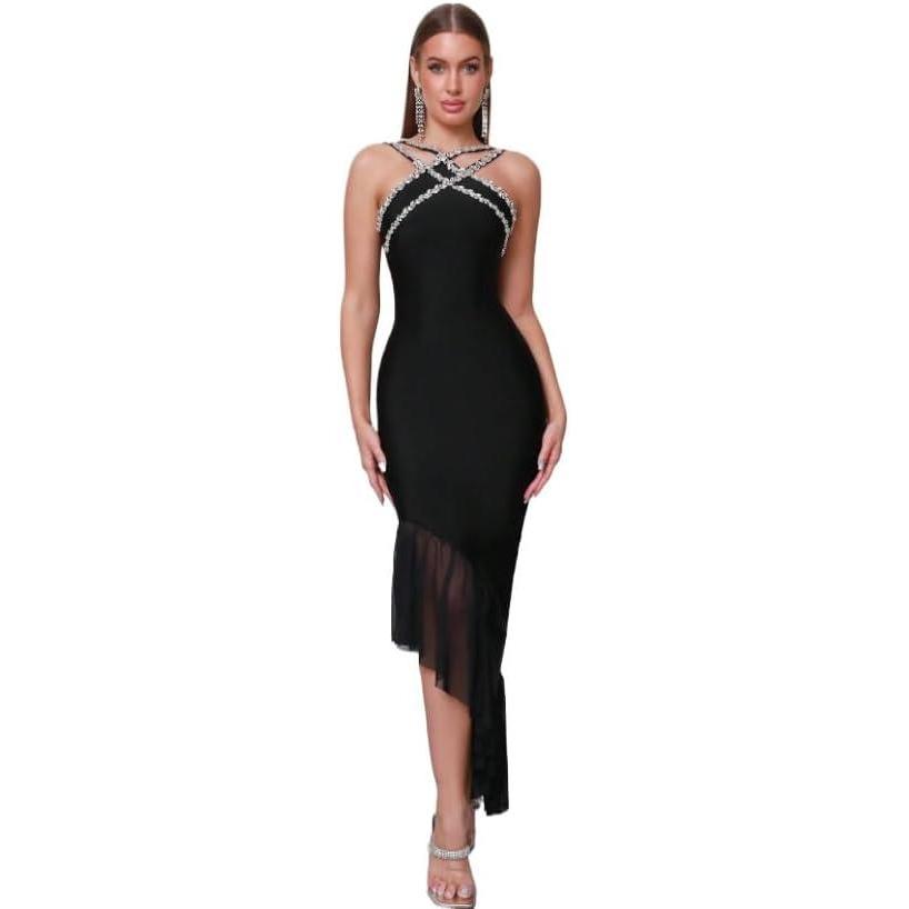 imageBandage Dresses Heavy Chain Sexy Dresses Strapless Halter Rhinestone Evening GownsBblack
