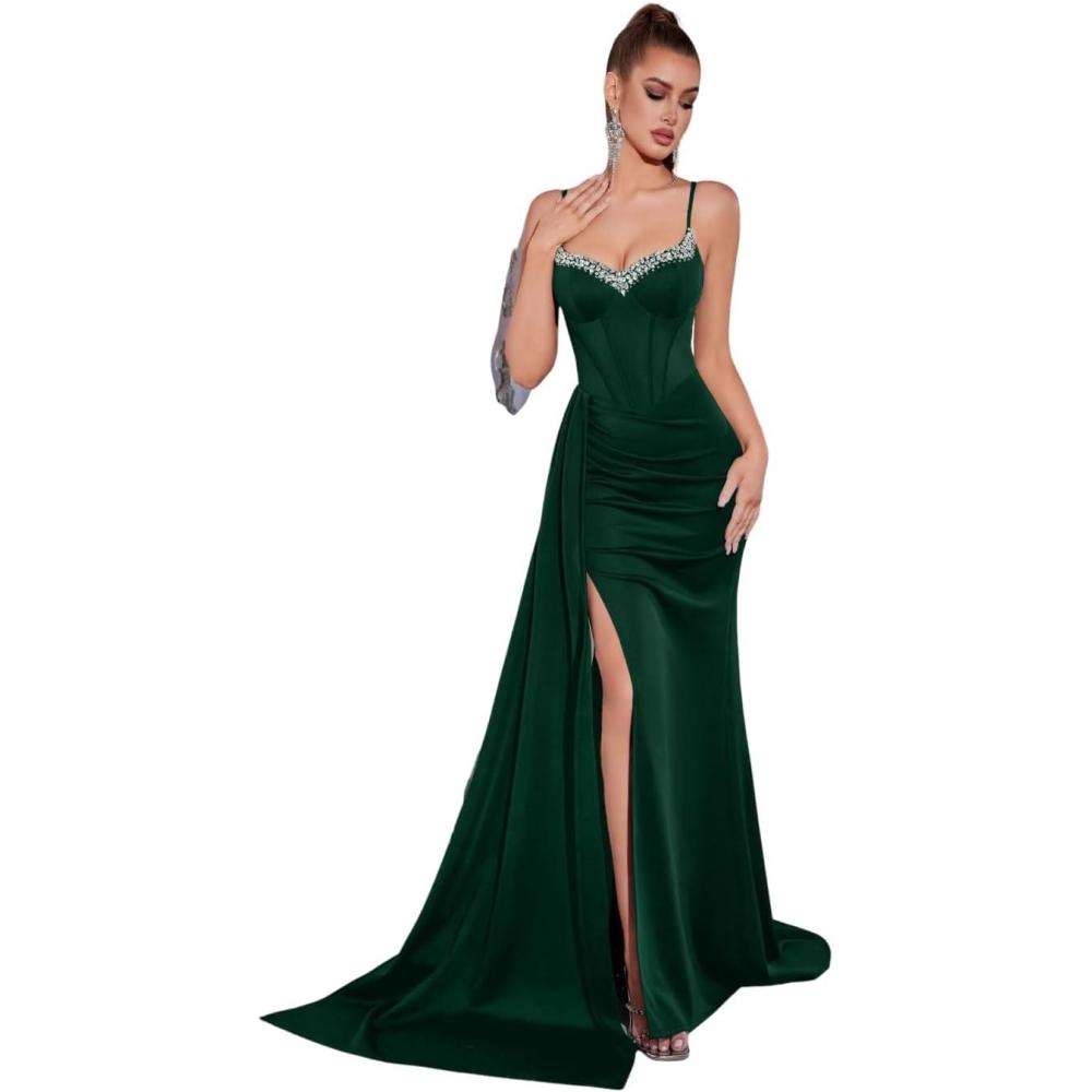 imageBeaded and Diamonds Embellished Strapless Dress Elegant Niche Evening GownGreen
