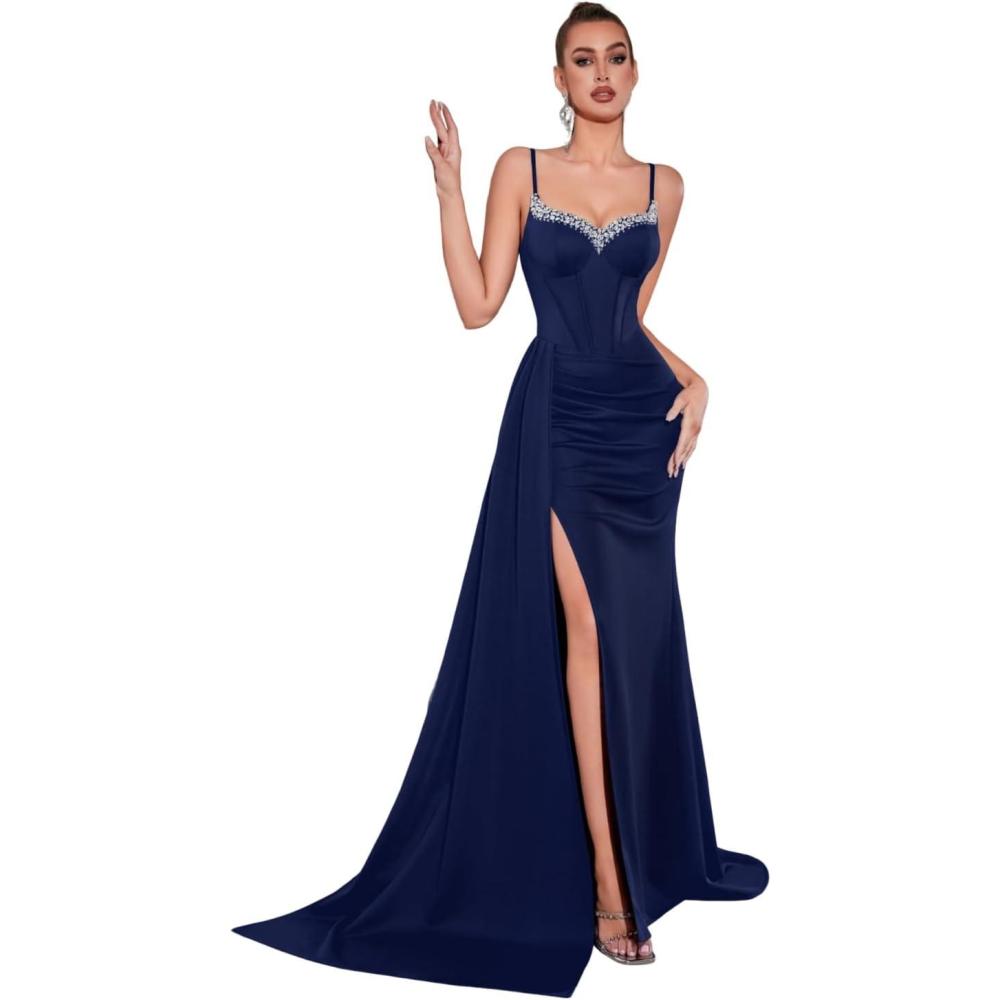 imageBeaded and Diamonds Embellished Strapless Dress Elegant Niche Evening GownNavy