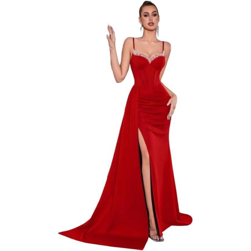 imageBeaded and Diamonds Embellished Strapless Dress Elegant Niche Evening GownRed