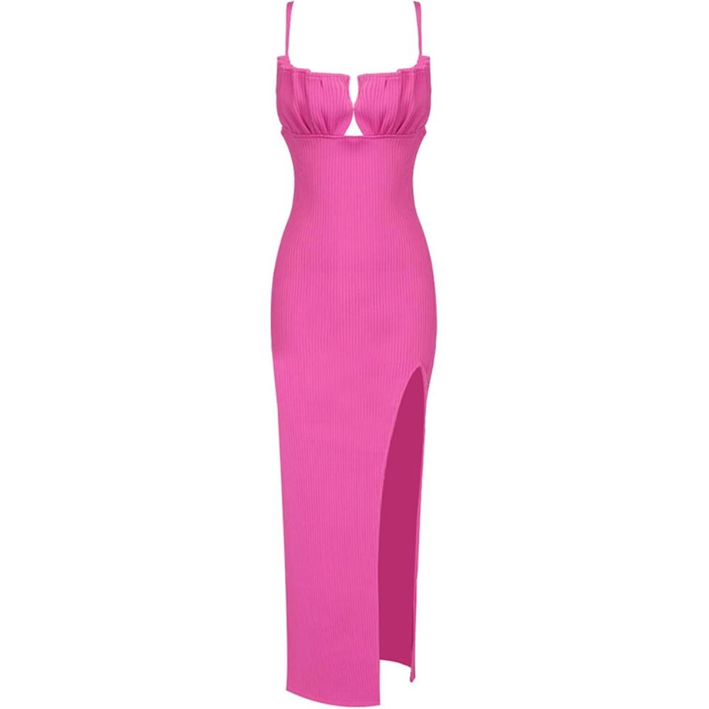 imageBlack Midi Slip Dress for Women Wedding Guest Dress Casual Bodycon Sleeveless Knit Dress with SlitAhotpink