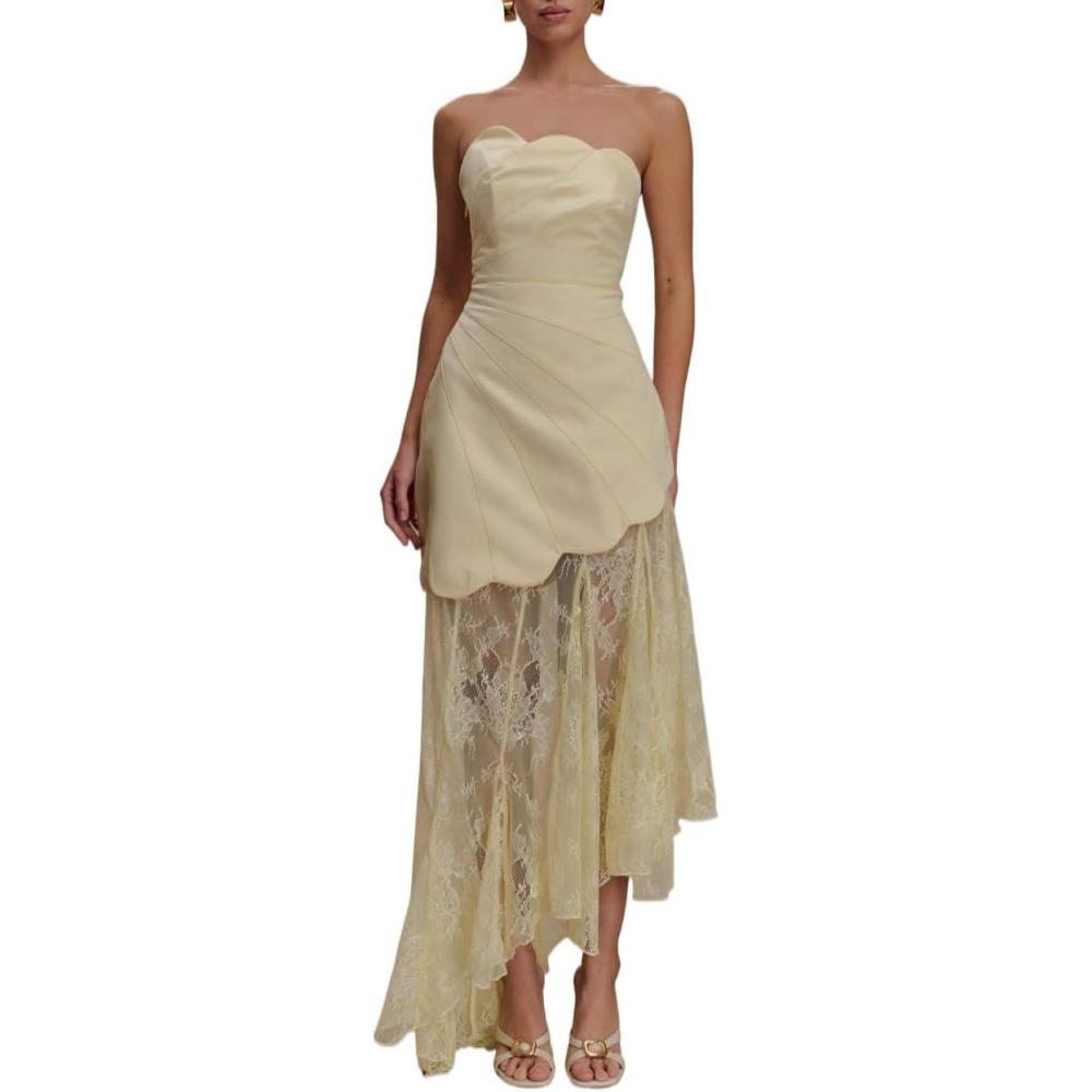 imageBustierStyle LacePanel Dress with Sheer Asymmetric Hem Casual ResortStyle DressYellow