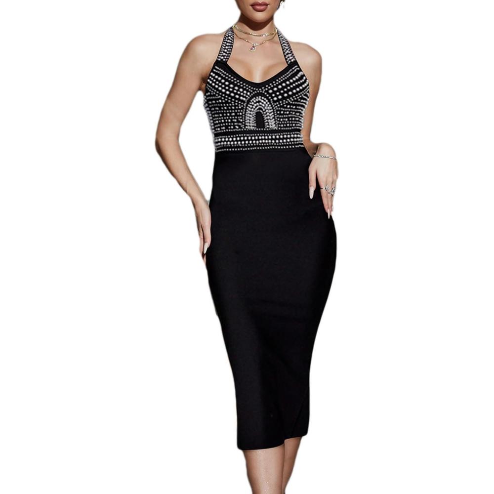 imageElegant Beaded Halter Wedding Guest Dress Formal Evening Gowns Bandage Dress Bodycon Celebrity Club Party DressBlack