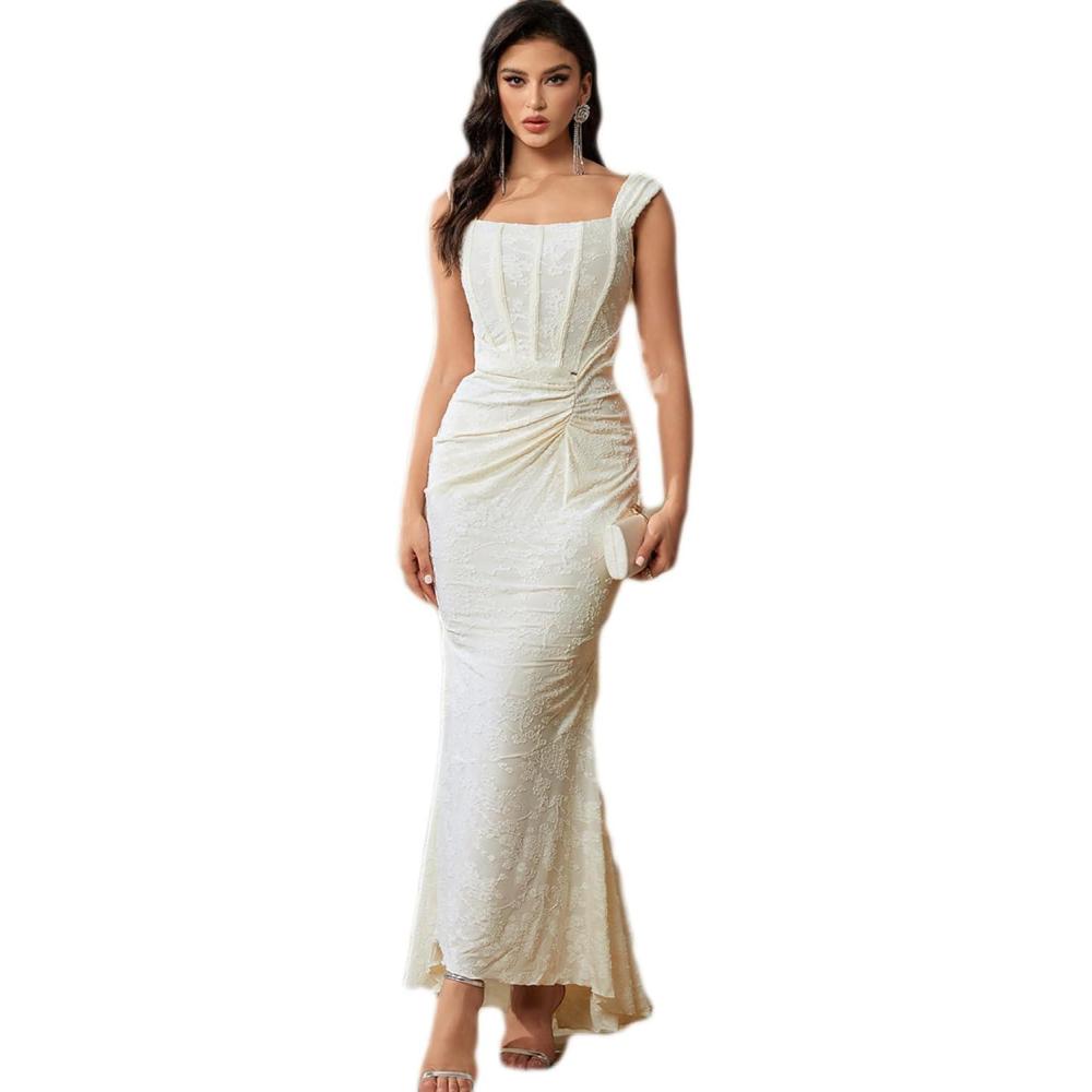 imageElegant Lace Bodycon Fishtail Dress Wedding Guest Fishbone Shoulder Strap Ruched Midi Party Dress for WomenAbeige