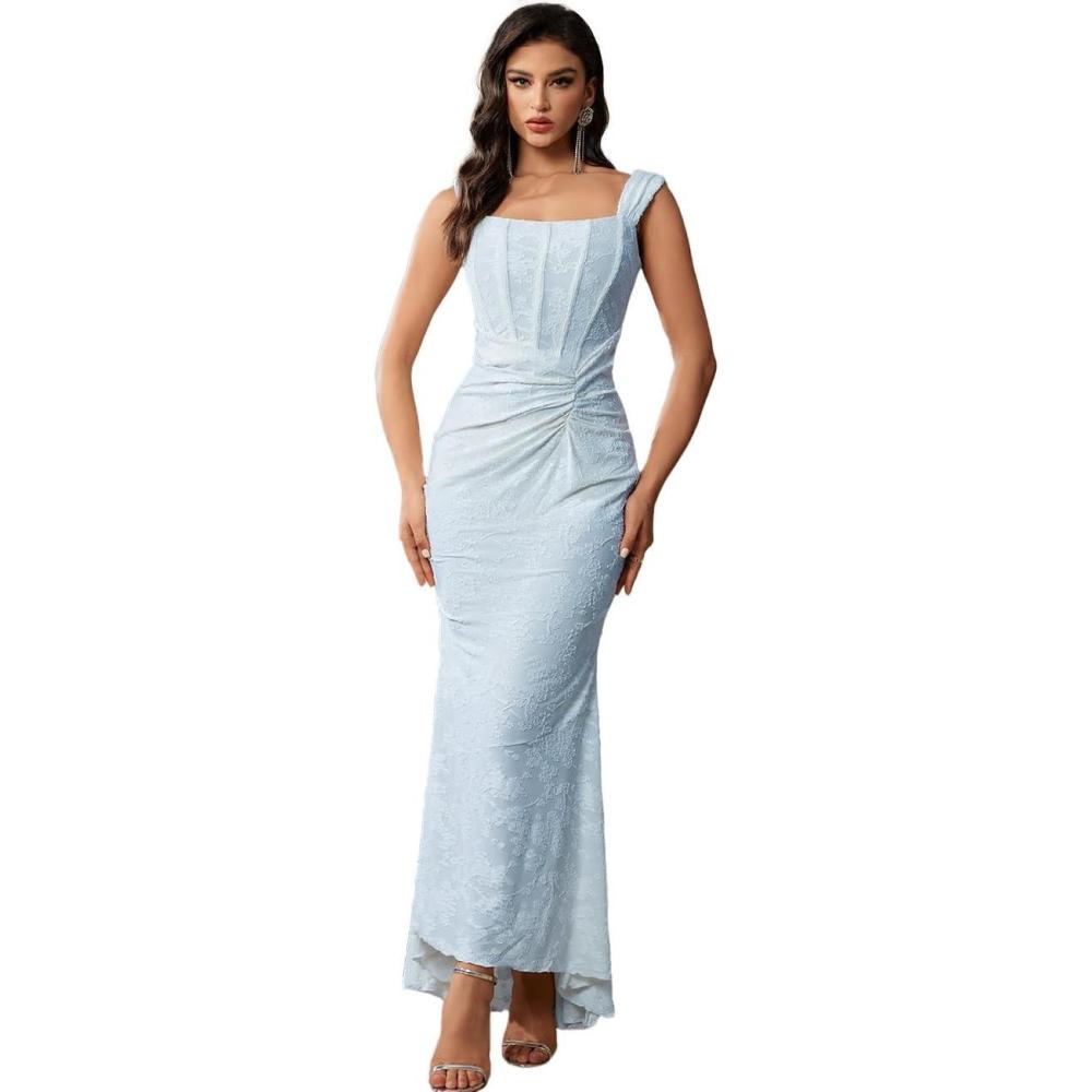 imageElegant Lace Bodycon Fishtail Dress Wedding Guest Fishbone Shoulder Strap Ruched Midi Party Dress for WomenAlightblue