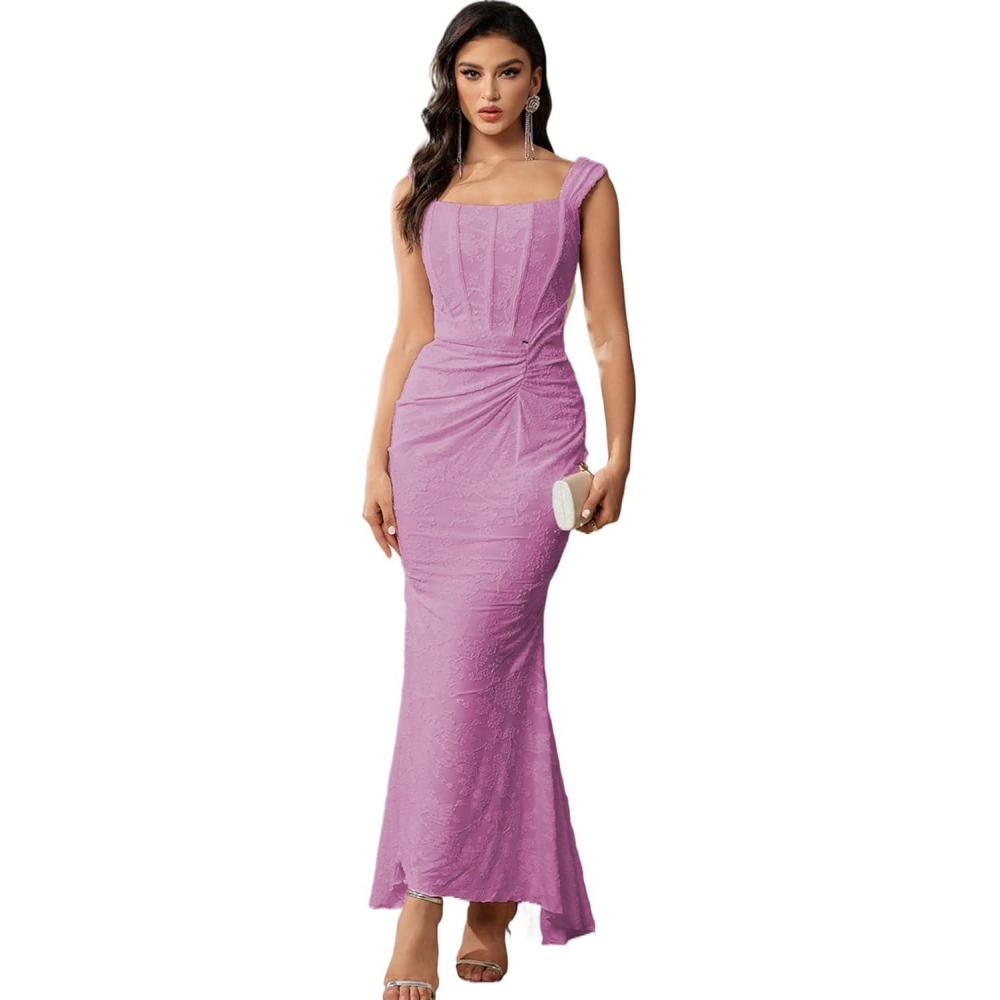 imageElegant Lace Bodycon Fishtail Dress Wedding Guest Fishbone Shoulder Strap Ruched Midi Party Dress for WomenPurple