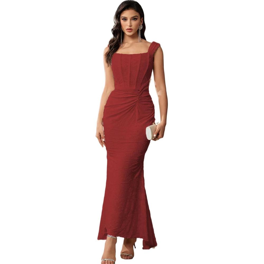 imageElegant Lace Bodycon Fishtail Dress Wedding Guest Fishbone Shoulder Strap Ruched Midi Party Dress for WomenWine