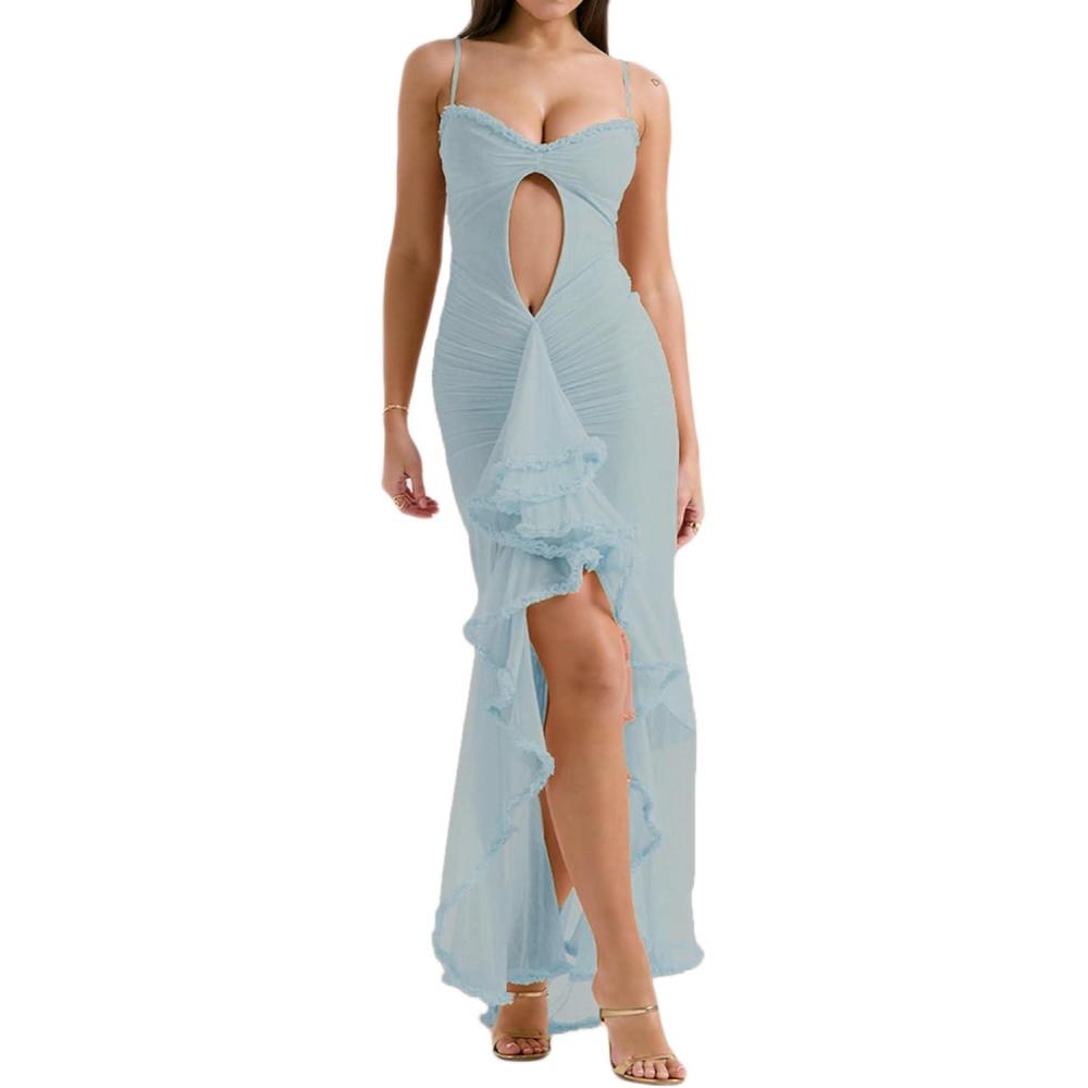 imageElegant Mesh Wedding Guest Dress Summer Bodycon Cut Out Cocktail Maxi Fishtail Long Formal DressAblue
