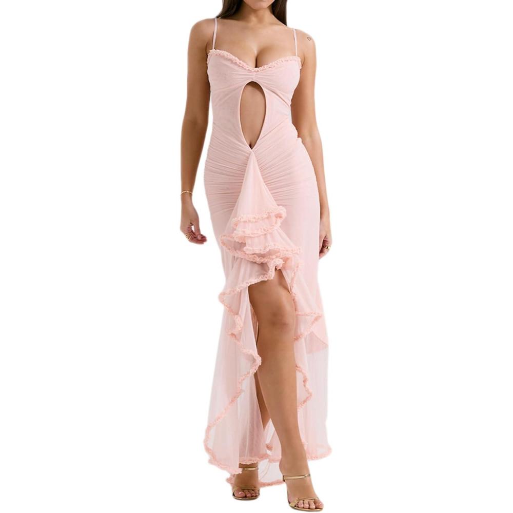 imageElegant Mesh Wedding Guest Dress Summer Bodycon Cut Out Cocktail Maxi Fishtail Long Formal DressApink