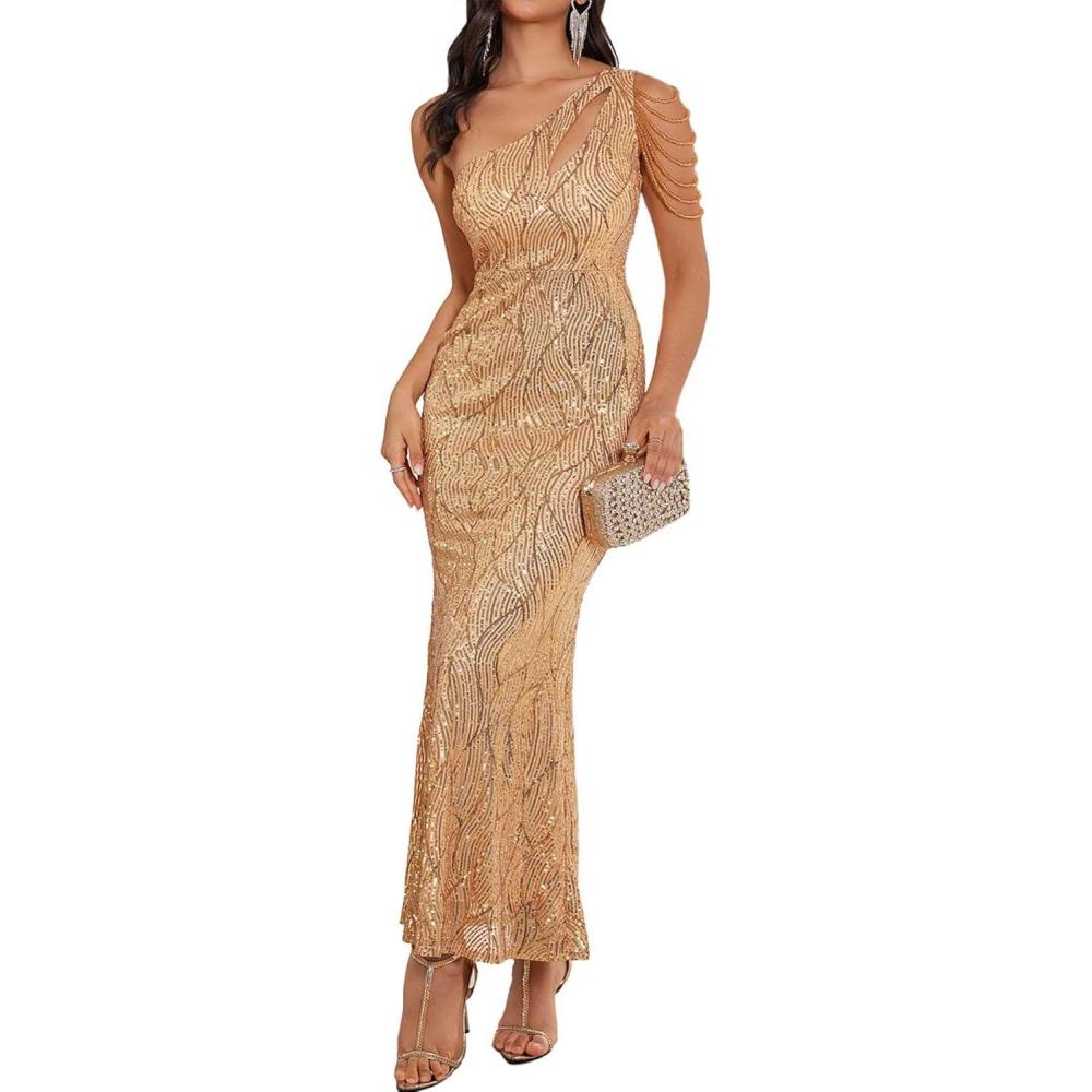 imageElegant Sequin Dresses for Wedding Guest One Shoulder Dress for Women with Bead Maxi Formal GownsAgold