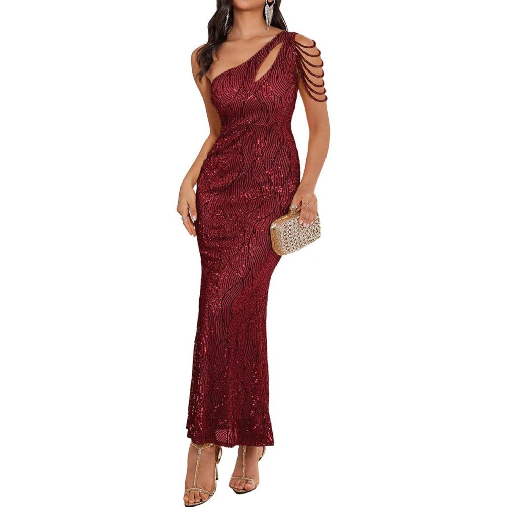 imageElegant Sequin Dresses for Wedding Guest One Shoulder Dress for Women with Bead Maxi Formal GownsAwine